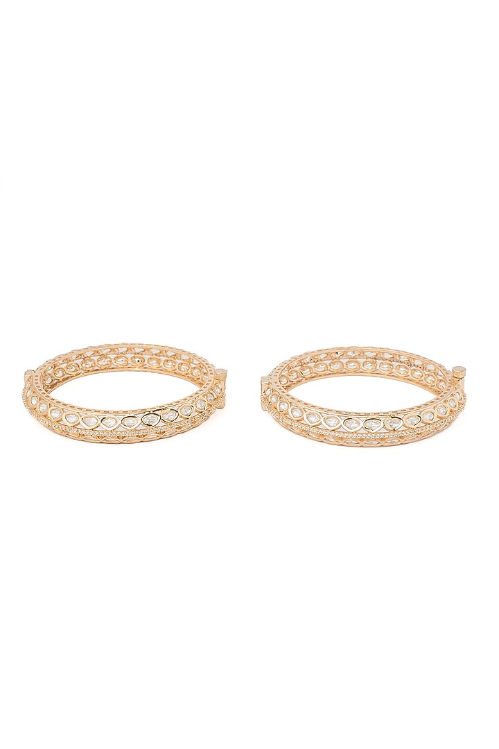 Gold Finish Kundan Polki & White Stone Bangles (Set Of 2) by Vivinia By Vidhi Mehra at Pernia's Pop Up Shop