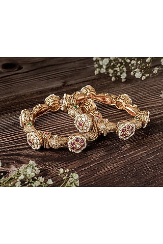 Gold Finish Ruby Stone & Diamond Floral Motif Bangles (Set Of 2) by Vivinia By Vidhi Mehra