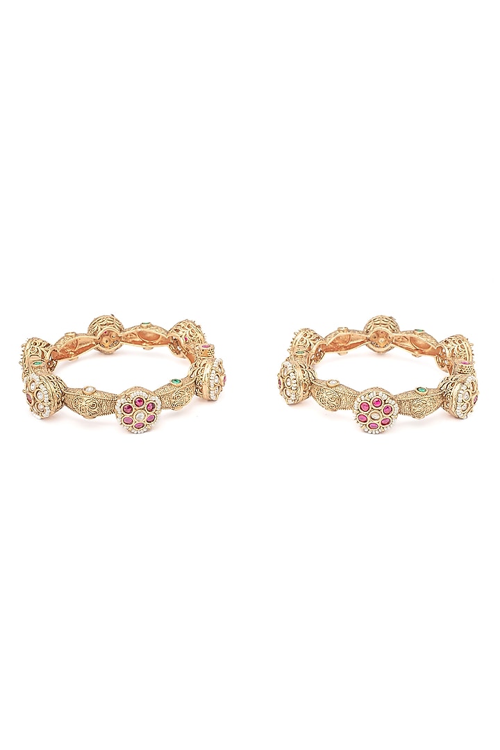 Gold Finish Ruby Stone & Diamond Floral Motif Bangles (Set Of 2) by Vivinia By Vidhi Mehra at Pernia's Pop Up Shop