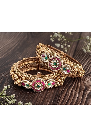 Gold Finish Ruby Stone & Diamond Floral Motif Bangles (Set Of 2) by Vivinia By Vidhi Mehra