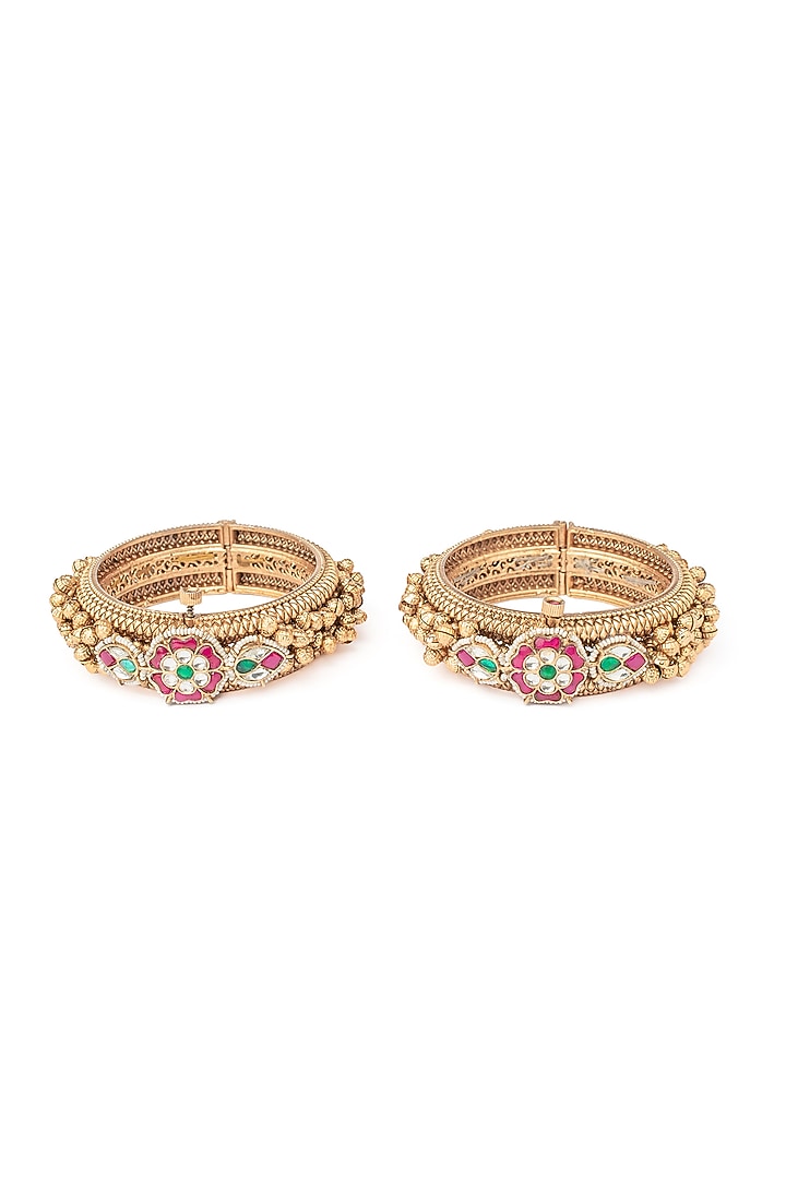 Gold Finish Ruby Stone & Diamond Floral Motif Bangles (Set Of 2) by Vivinia By Vidhi Mehra at Pernia's Pop Up Shop