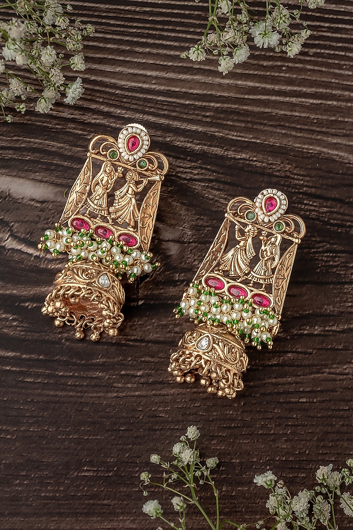 Gold Finish Green & Pink Gemstone Temple Bangles (Set Of 2) by Vivinia By Vidhi Mehra at Pernia's Pop Up Shop