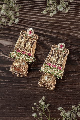 Gold Finish Green & Pink Gemstone Temple Bangles (Set Of 2) by Vivinia By Vidhi Mehra