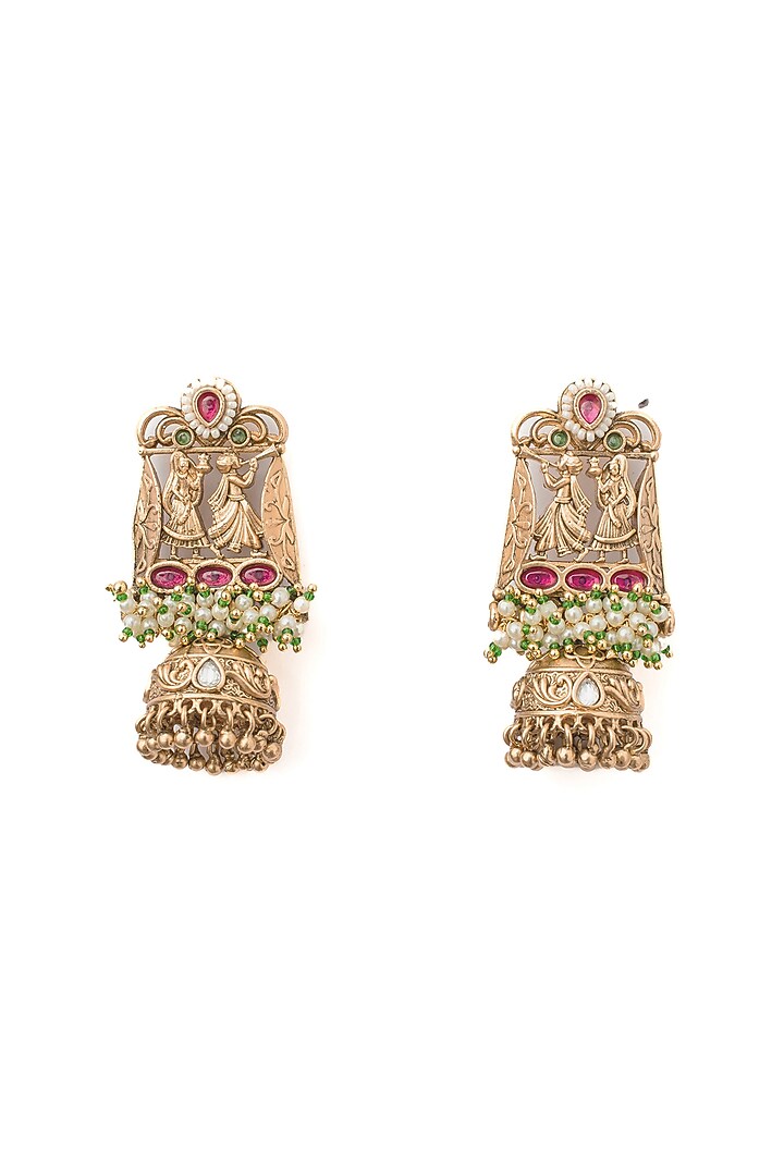 Gold Finish Green & Pink Gemstone Temple Bangles (Set Of 2) by Vivinia By Vidhi Mehra at Pernia's Pop Up Shop