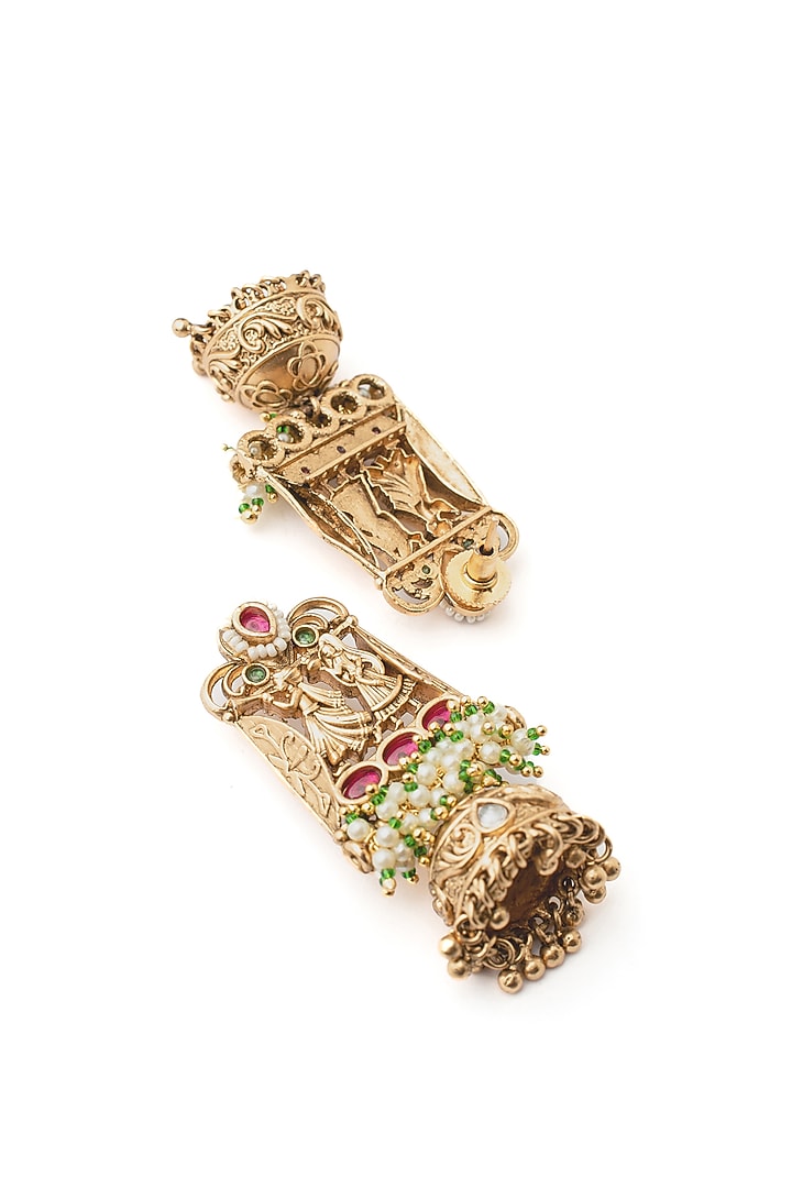 Gold Finish Green & Pink Gemstone Temple Bangles (Set Of 2) by Vivinia By Vidhi Mehra at Pernia's Pop Up Shop