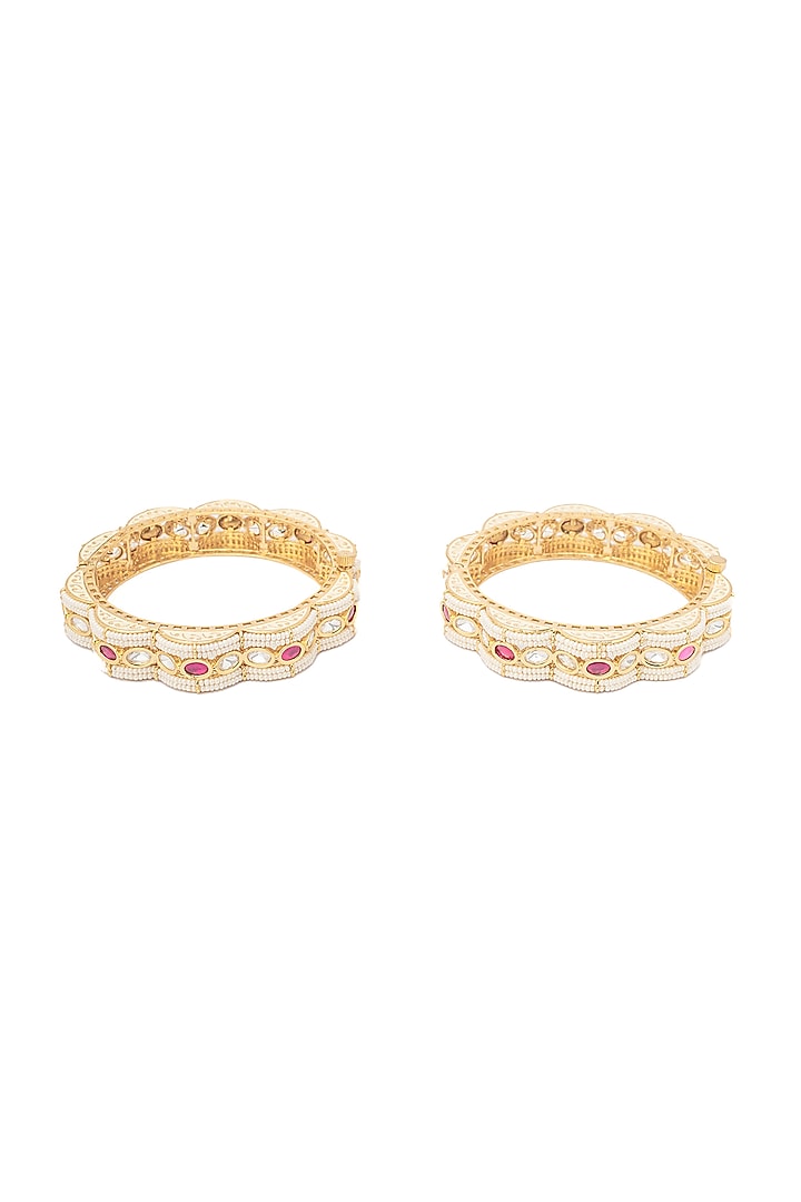 Gold Finish White & Pink Stone Beaded Bangles (Set Of 2) by Vivinia By Vidhi Mehra at Pernia's Pop Up Shop