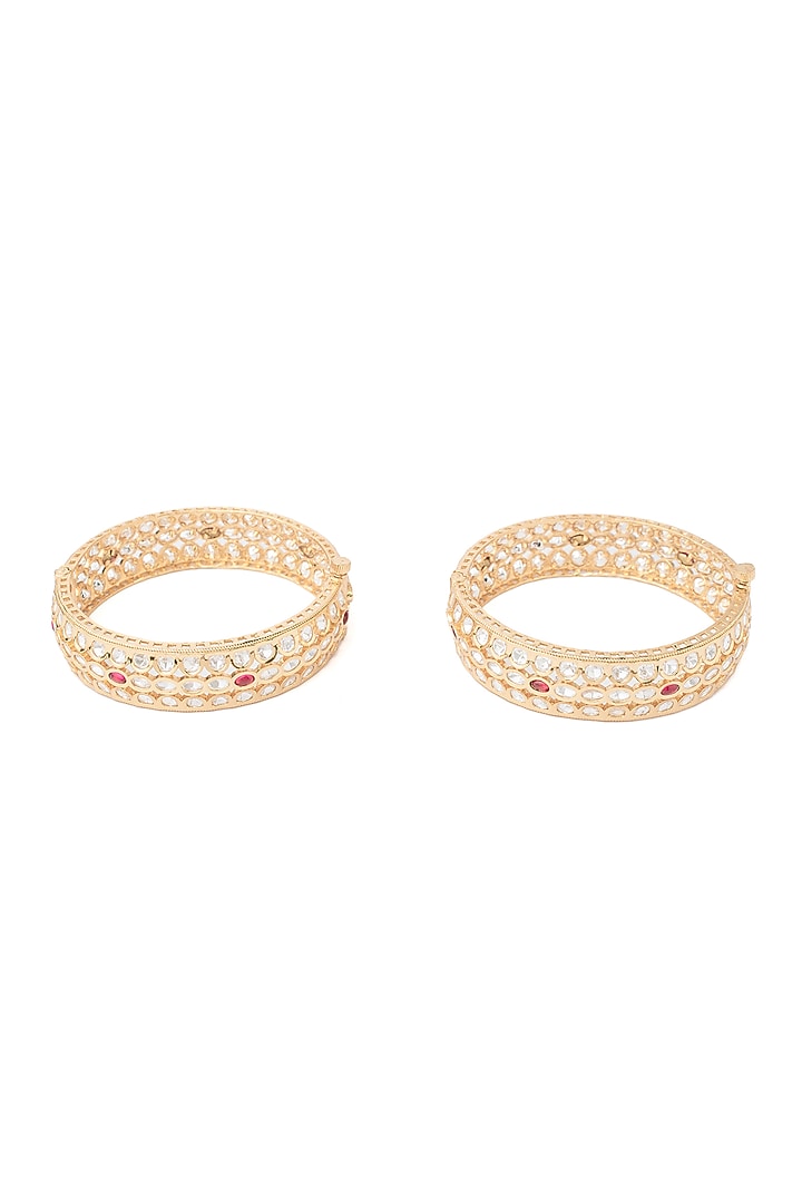 Gold Finish Kundan Polki Floral Bangles (Set Of 2) by Vivinia By Vidhi Mehra at Pernia's Pop Up Shop