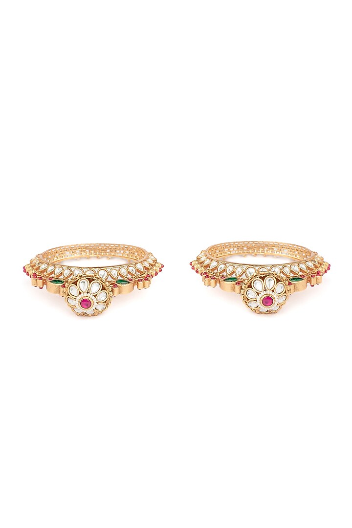 Gold Finish Multi-Colored Stone Floral Bangles (Set Of 2) by Vivinia By Vidhi Mehra at Pernia's Pop Up Shop