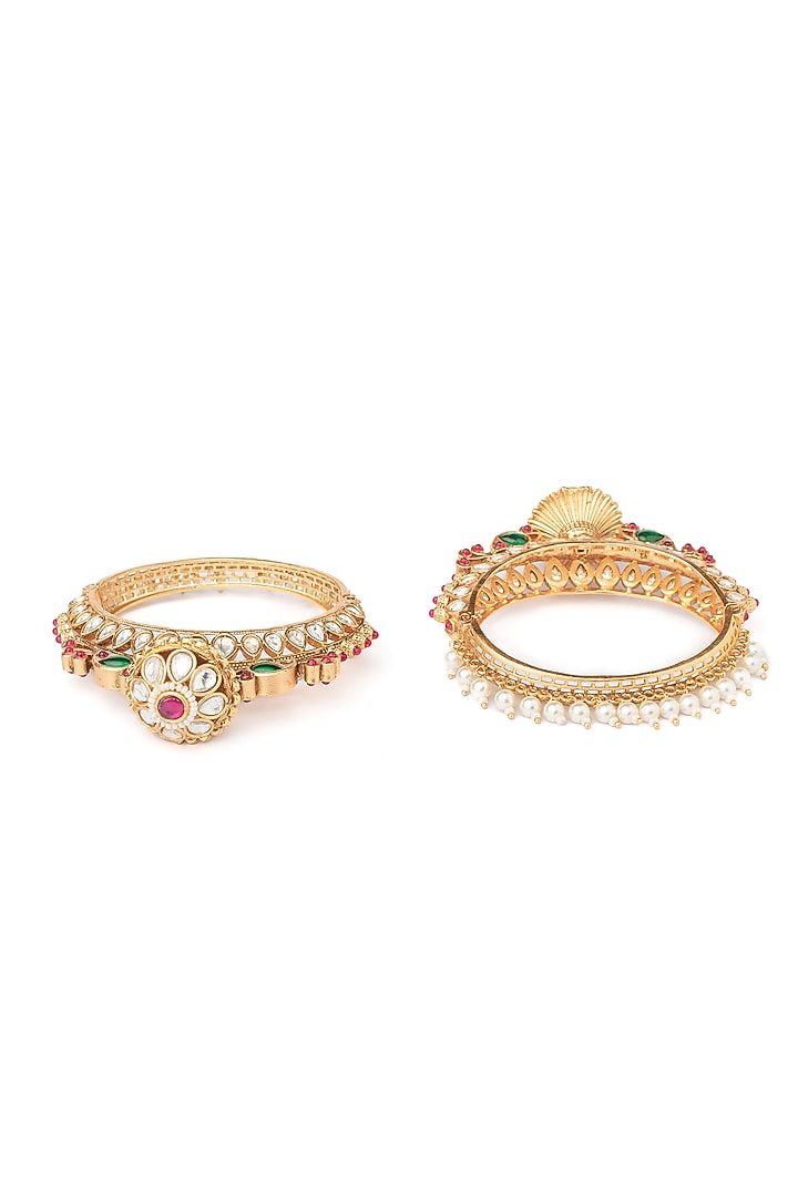 Gold Finish Multi-Colored Stone Floral Bangles (Set Of 2) by Vivinia By Vidhi Mehra at Pernia's Pop Up Shop