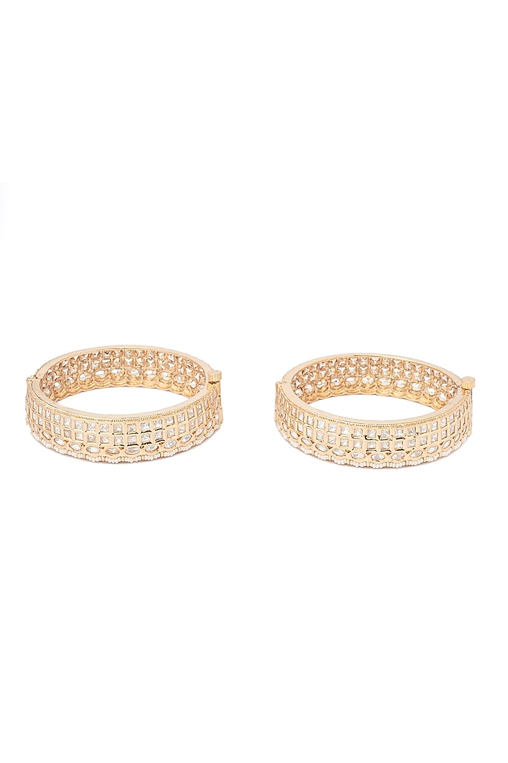 Gold Finish Kundan Polki & White Stone Floral Bangles (Set Of 2) by Vivinia By Vidhi Mehra at Pernia's Pop Up Shop