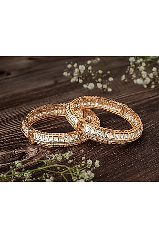 Gold Finish Kundan Polki & Square-Cut Stone Bangles (Set Of 2) by Vivinia By Vidhi Mehra
