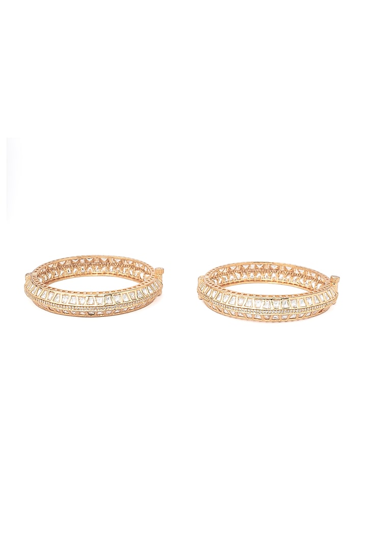 Gold Finish Kundan Polki & Square-Cut Stone Bangles (Set Of 2) by Vivinia By Vidhi Mehra at Pernia's Pop Up Shop