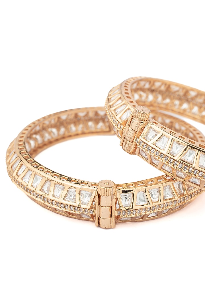 Gold Finish Kundan Polki & Square-Cut Stone Bangles (Set Of 2) by Vivinia By Vidhi Mehra at Pernia's Pop Up Shop