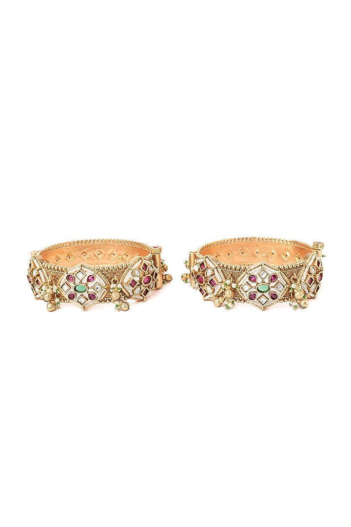 Gold Finish Multi-Colored-Stone Temple Bangles (Set Of 2) by Vivinia By Vidhi Mehra at Pernia's Pop Up Shop