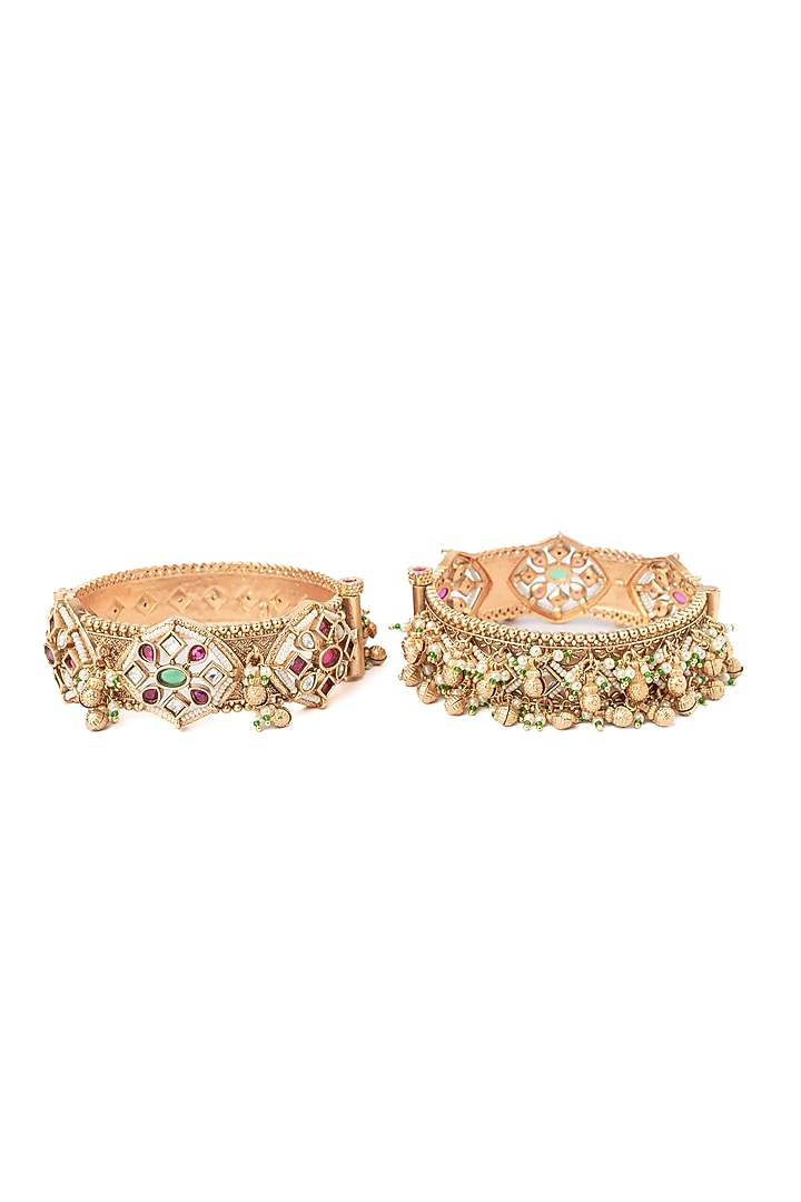Gold Finish Multi-Colored-Stone Temple Bangles (Set Of 2) by Vivinia By Vidhi Mehra at Pernia's Pop Up Shop