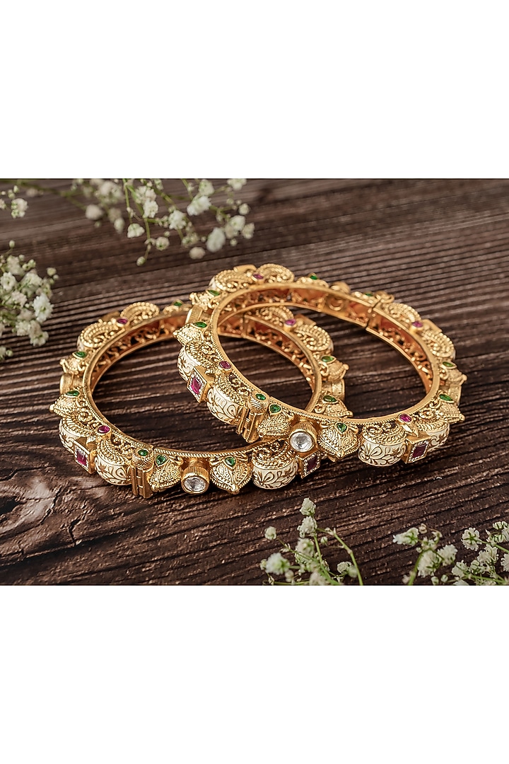 Gold Finish Multi-Colored-Stone Floral Bangles (Set Of 2) by Vivinia By Vidhi Mehra at Pernia's Pop Up Shop
