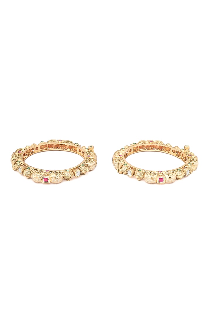Gold Finish Multi-Colored-Stone Floral Bangles (Set Of 2) by Vivinia By Vidhi Mehra at Pernia's Pop Up Shop