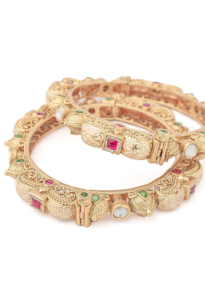 Gold Finish Multi-Colored-Stone Floral Bangles (Set Of 2) by Vivinia By Vidhi Mehra at Pernia's Pop Up Shop