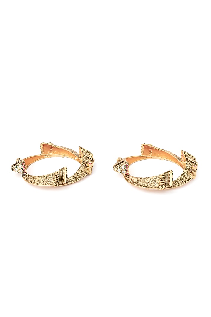 Gold Finish Multi-Colored Stone Temple Bangles (Set Of 2) by Vivinia By Vidhi Mehra at Pernia's Pop Up Shop