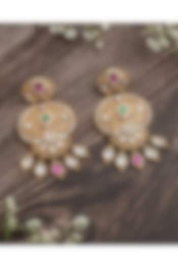 Gold Finish Multi-Colored Gemstone Chandbali Earrings by Vivinia By Vidhi Mehra at Pernia's Pop Up Shop