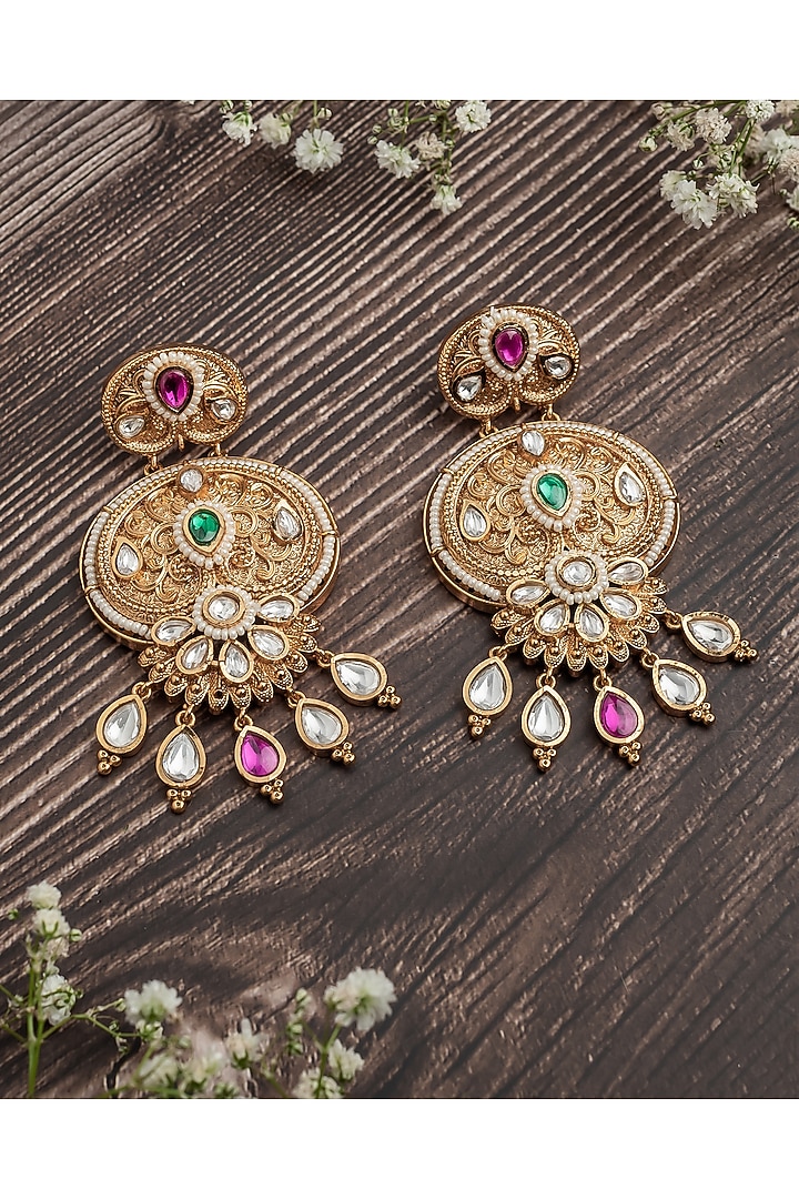 Gold Finish Multi-Colored Gemstone Chandbali Earrings by Vivinia By Vidhi Mehra at Pernia's Pop Up Shop