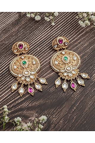 Gold Finish Multi-Colored Gemstone Chandbali Earrings by Vivinia By Vidhi Mehra