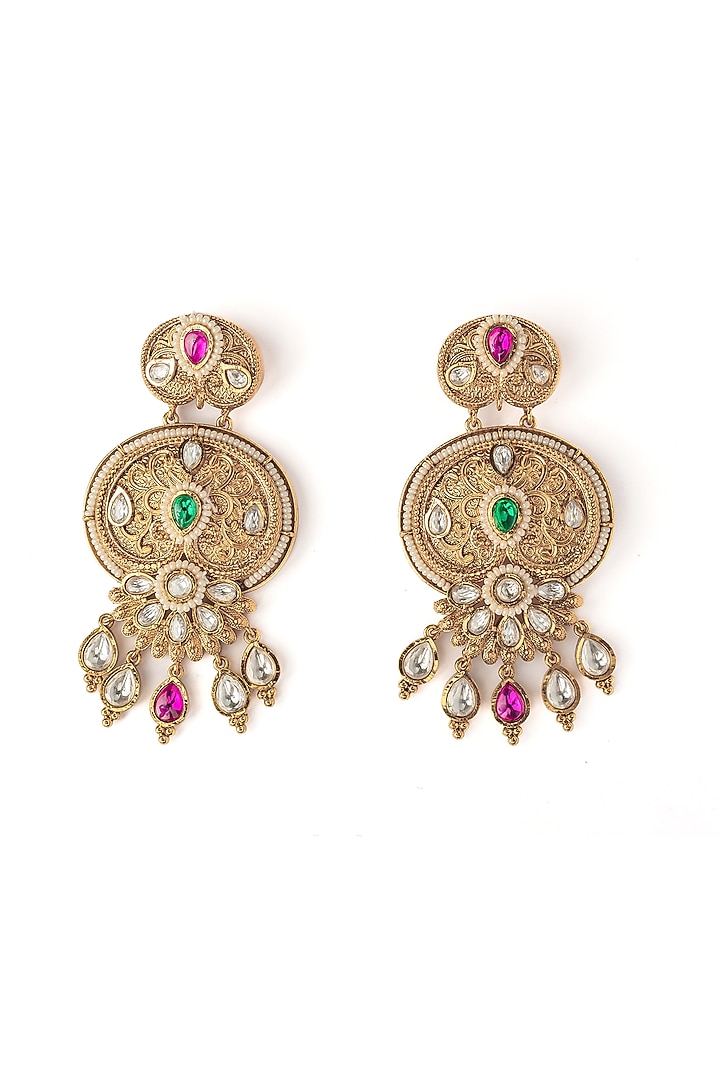 Gold Finish Multi-Colored Gemstone Chandbali Earrings by Vivinia By Vidhi Mehra at Pernia's Pop Up Shop