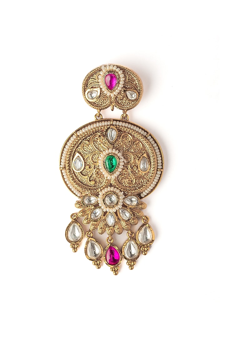 Gold Finish Multi-Colored Gemstone Chandbali Earrings by Vivinia By Vidhi Mehra at Pernia's Pop Up Shop