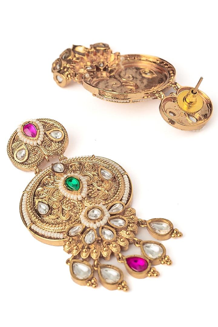 Gold Finish Multi-Colored Gemstone Chandbali Earrings by Vivinia By Vidhi Mehra at Pernia's Pop Up Shop