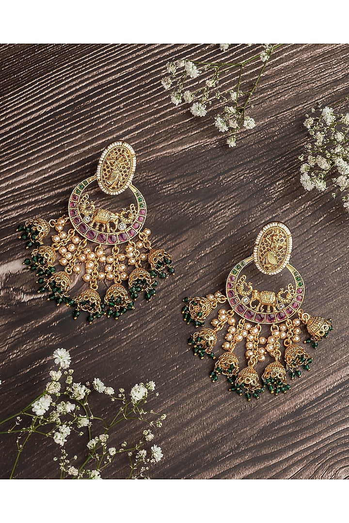 Gold Finish Pink & Green Beaded Chandbali Earrings by Vivinia By Vidhi Mehra at Pernia's Pop Up Shop
