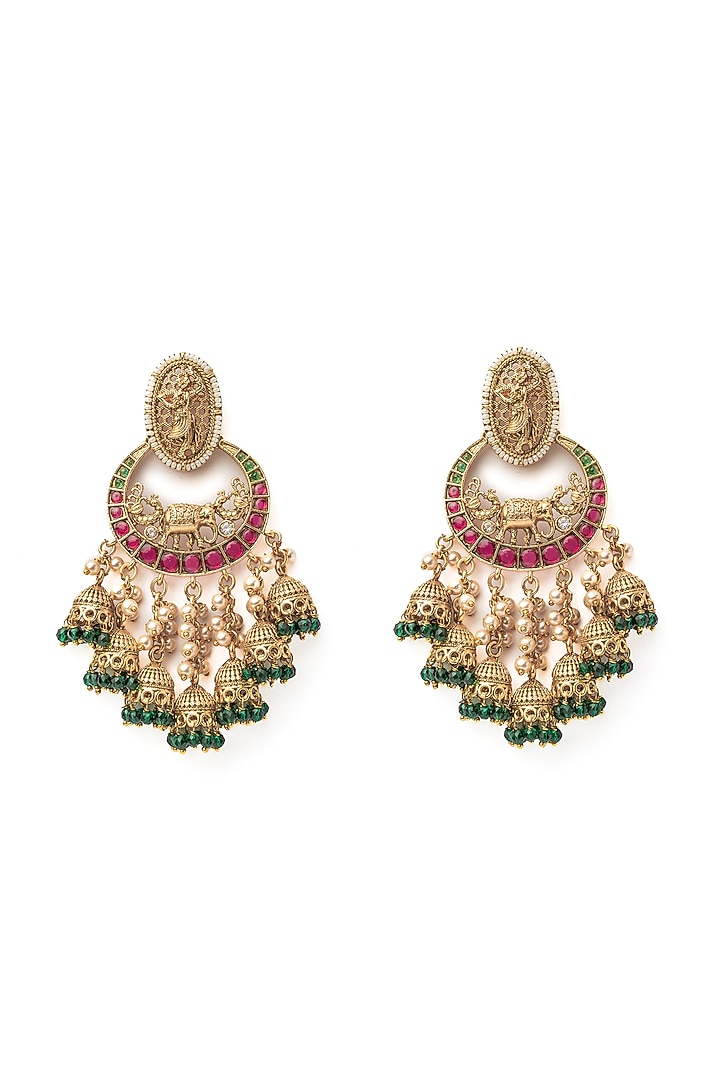 Gold Finish Pink & Green Beaded Chandbali Earrings by Vivinia By Vidhi Mehra at Pernia's Pop Up Shop