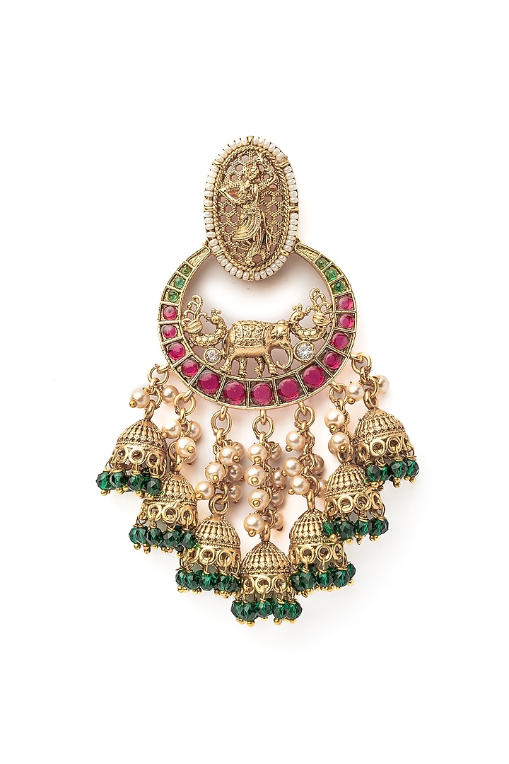 Gold Finish Pink & Green Beaded Chandbali Earrings by Vivinia By Vidhi Mehra at Pernia's Pop Up Shop