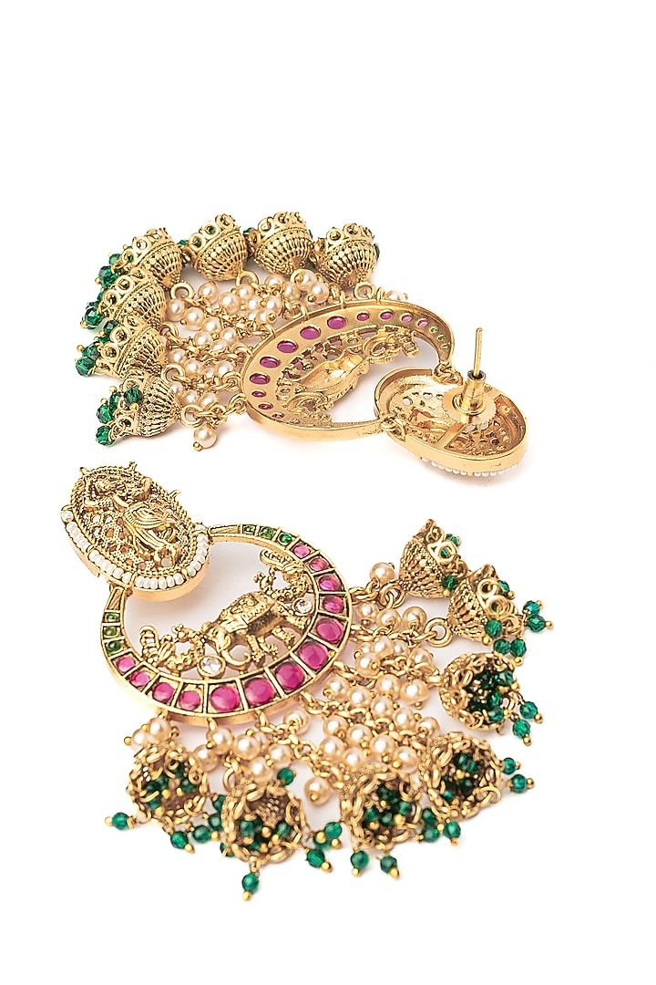Gold Finish Pink & Green Beaded Chandbali Earrings by Vivinia By Vidhi Mehra at Pernia's Pop Up Shop