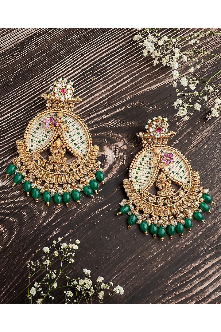 Gold Finish Pink & Green Drop Chandbali Earrings by Vivinia By Vidhi Mehra at Pernia's Pop Up Shop