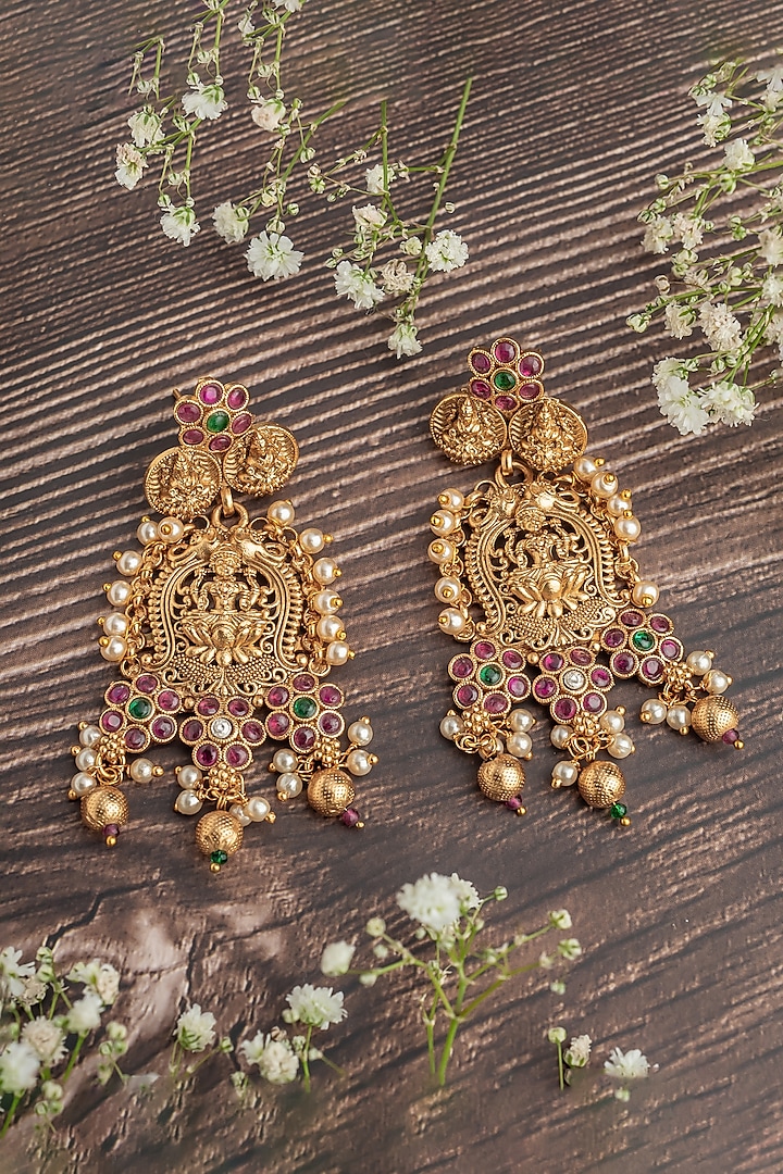 Gold Finish Pearl & Pink Gemstone Chandbali Earrings by Vivinia By Vidhi Mehra at Pernia's Pop Up Shop