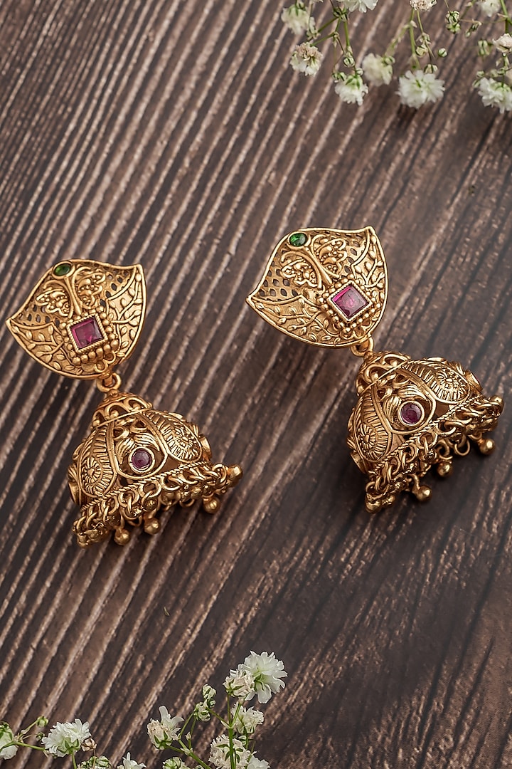 Gold Finish Pink Gemstone Leaf-Shaped Jhumka Earrings by Vivinia By Vidhi Mehra at Pernia's Pop Up Shop