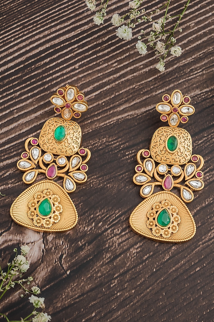 Gold Finish Green & Pink Gemstone Filigree Chandbali Earrings by Vivinia By Vidhi Mehra at Pernia's Pop Up Shop