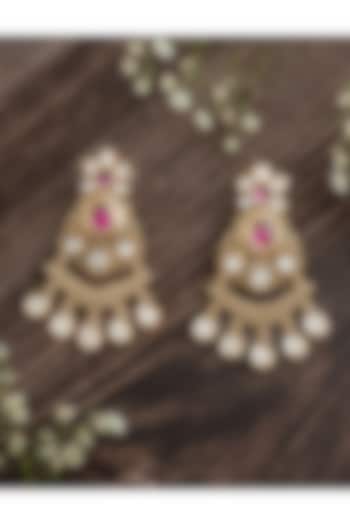 Gold Finish Tear-Drop Shaped Pink Gemstone Jhumka Earrings by Vivinia By Vidhi Mehra at Pernia's Pop Up Shop