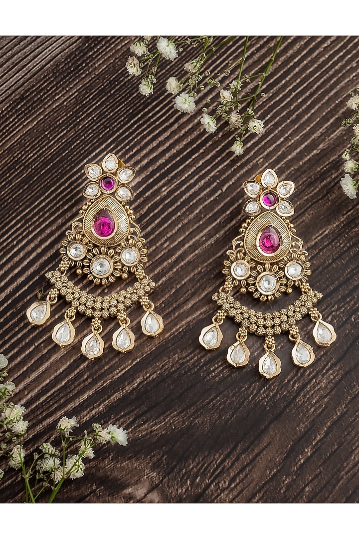 Gold Finish Tear-Drop Shaped Pink Gemstone Jhumka Earrings by Vivinia By Vidhi Mehra at Pernia's Pop Up Shop