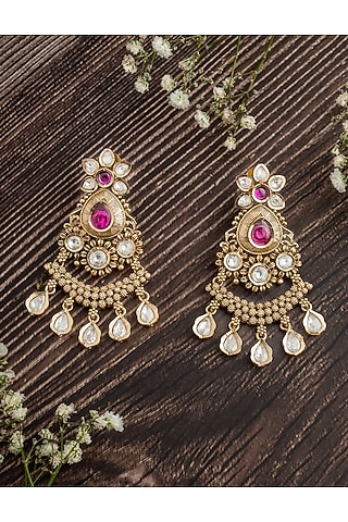 Gold Finish Tear-Drop Shaped Pink Gemstone Jhumka Earrings by Vivinia By Vidhi Mehra
