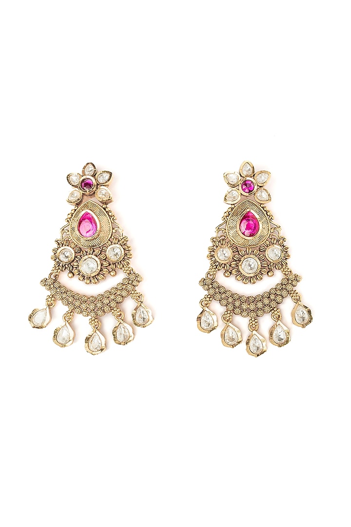 Gold Finish Tear-Drop Shaped Pink Gemstone Jhumka Earrings by Vivinia By Vidhi Mehra at Pernia's Pop Up Shop