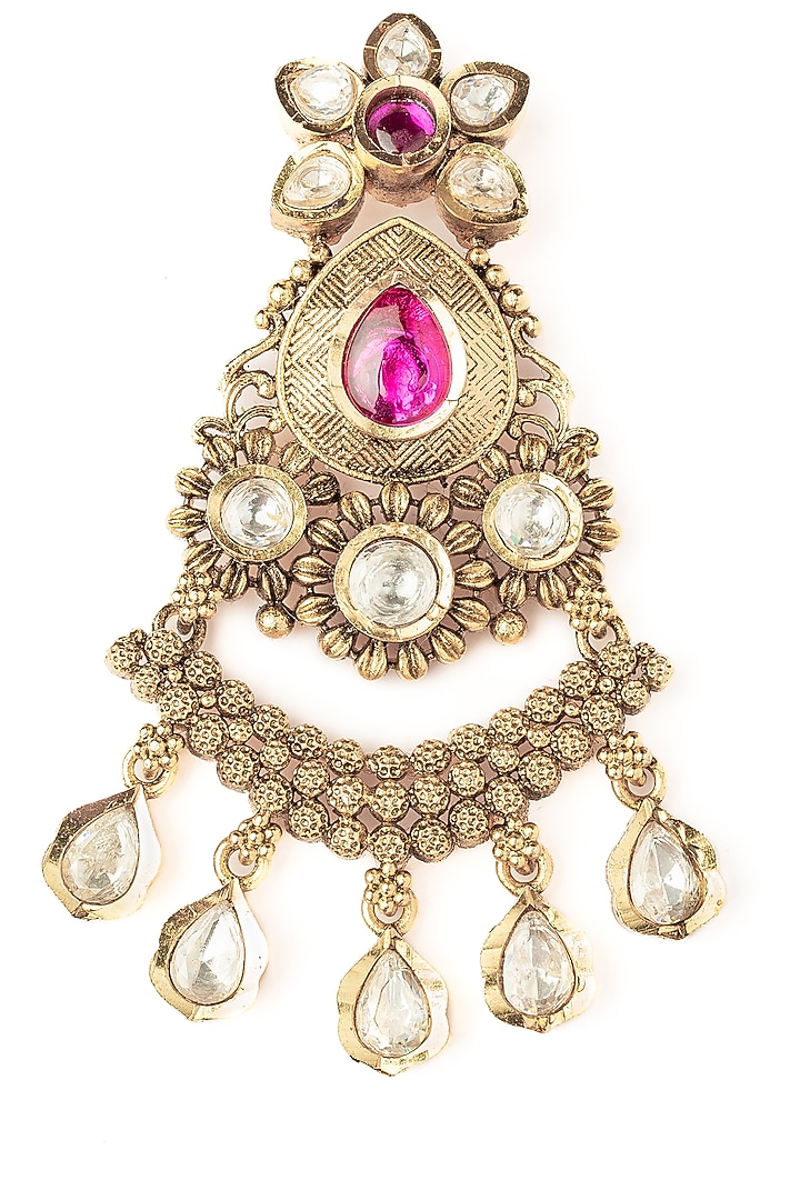 Gold Finish Tear-Drop Shaped Pink Gemstone Jhumka Earrings by Vivinia By Vidhi Mehra at Pernia's Pop Up Shop