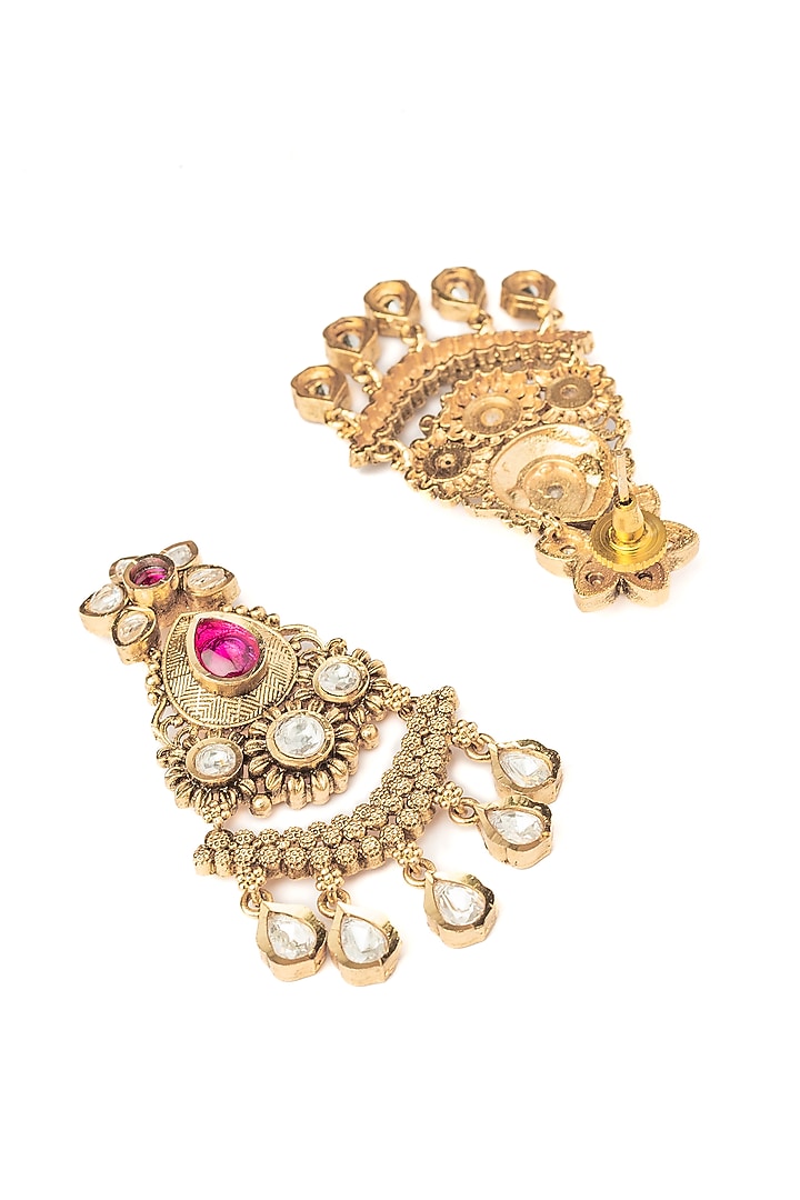 Gold Finish Tear-Drop Shaped Pink Gemstone Jhumka Earrings by Vivinia By Vidhi Mehra at Pernia's Pop Up Shop