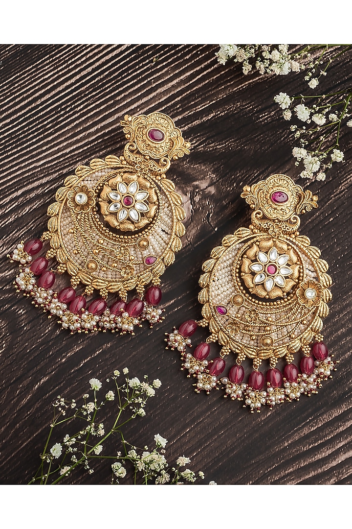 Gold Finish White Stone & Pink Beaded Chandbali Earrings by Vivinia By Vidhi Mehra at Pernia's Pop Up Shop