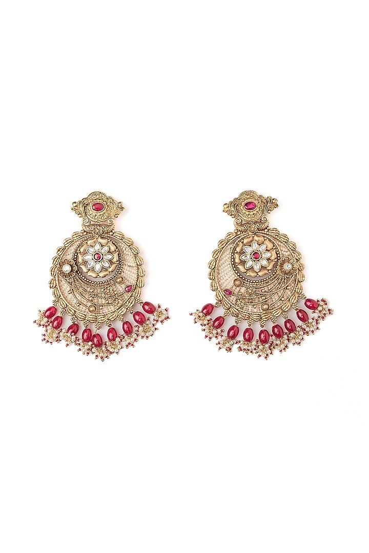 Gold Finish White Stone & Pink Beaded Chandbali Earrings by Vivinia By Vidhi Mehra at Pernia's Pop Up Shop