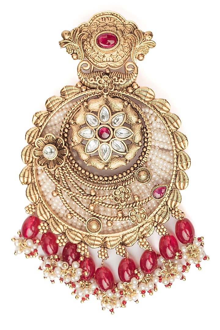 Gold Finish White Stone & Pink Beaded Chandbali Earrings by Vivinia By Vidhi Mehra at Pernia's Pop Up Shop