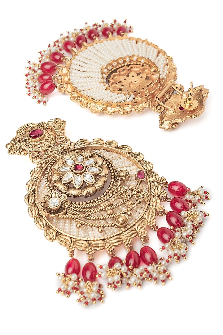 Gold Finish White Stone & Pink Beaded Chandbali Earrings by Vivinia By Vidhi Mehra at Pernia's Pop Up Shop