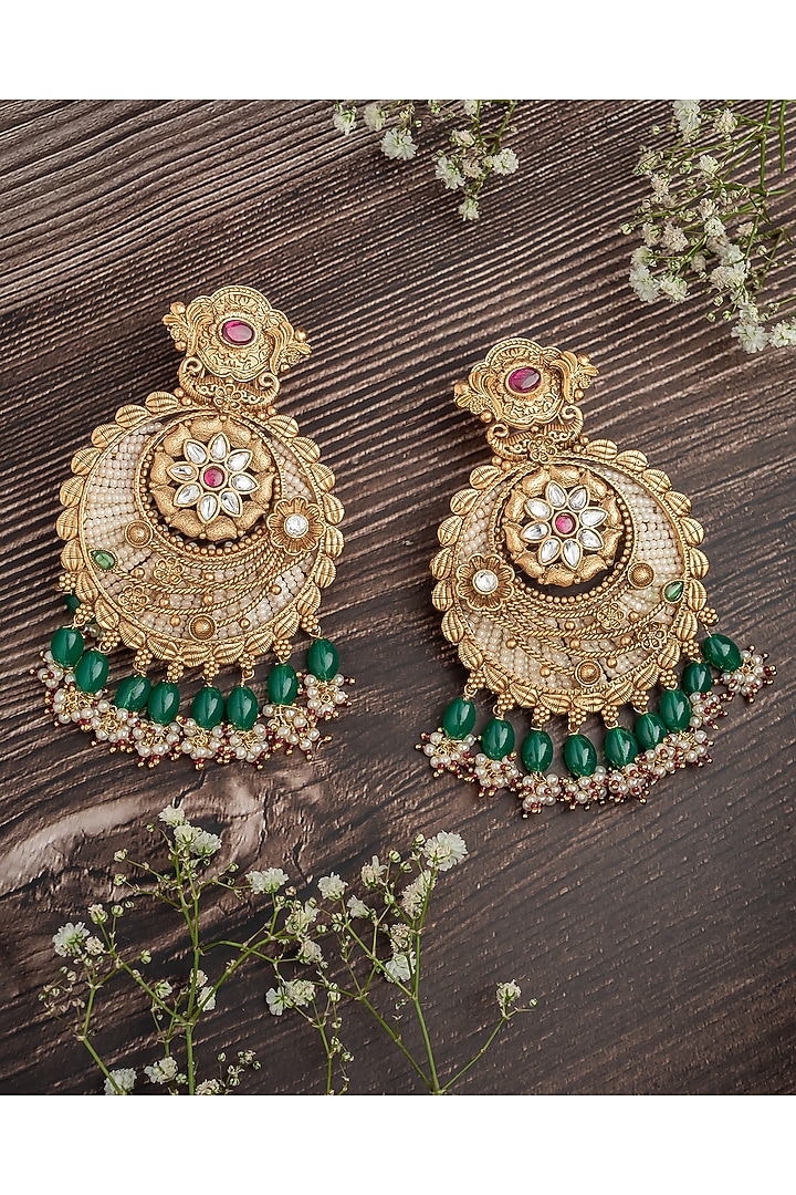 Gold Finish White Stone & Green Beaded Floral Chandbali Earrings by Vivinia By Vidhi Mehra at Pernia's Pop Up Shop