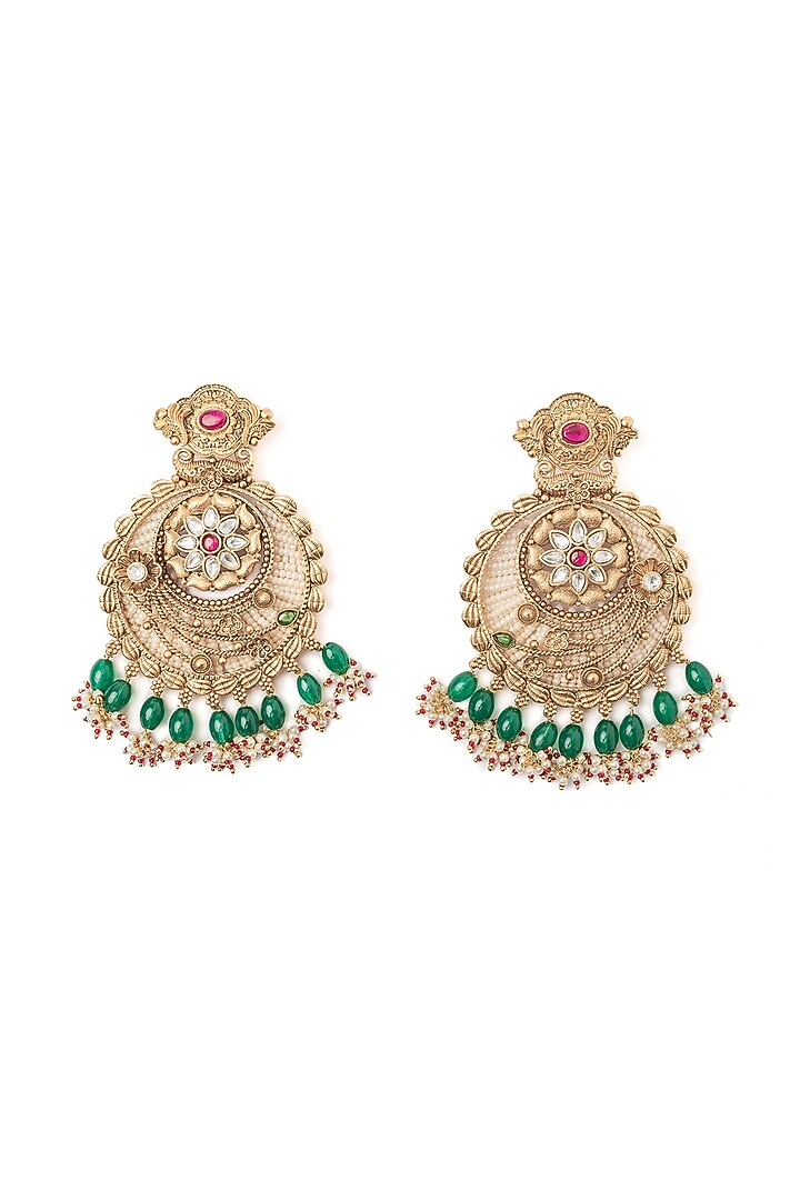 Gold Finish White Stone & Green Beaded Floral Chandbali Earrings by Vivinia By Vidhi Mehra at Pernia's Pop Up Shop