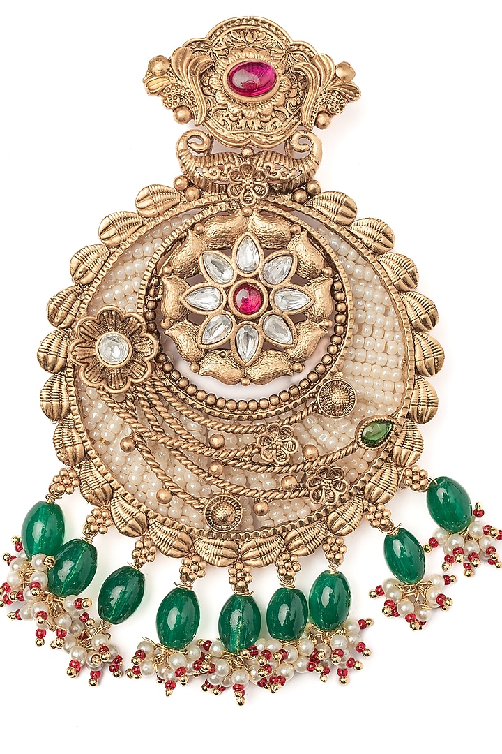 Gold Finish White Stone & Green Beaded Floral Chandbali Earrings by Vivinia By Vidhi Mehra at Pernia's Pop Up Shop